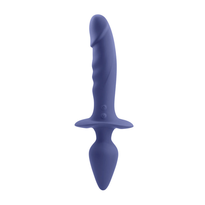 Gender X Dual Defender dual-ended silicone toy in periwinkle blue, front view