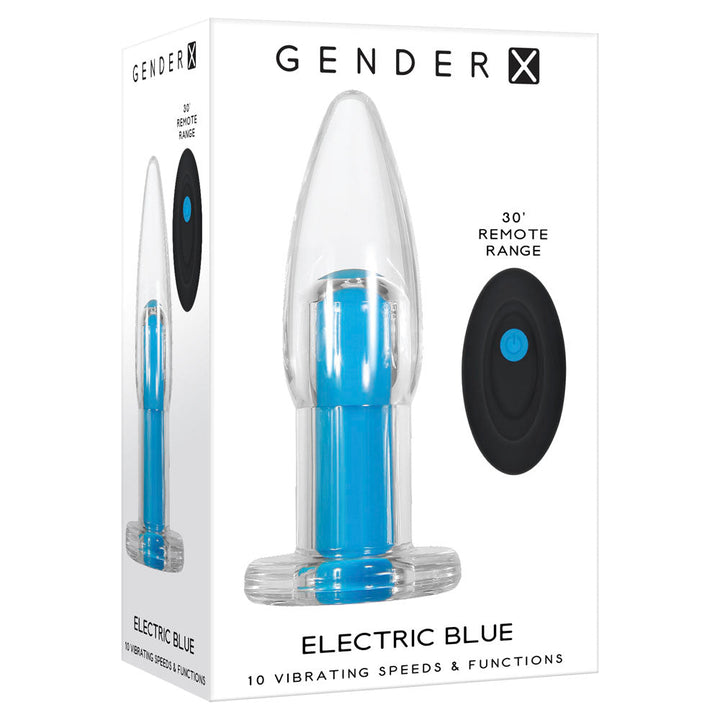 Gender X Electric Blue vibrating plug in retail box with wireless remote, clear body, blue core