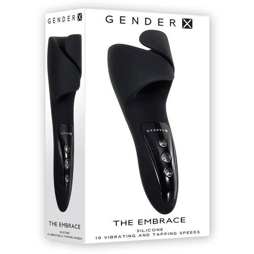 Gender X The Embrace black silicone male masturbator shown beside its retail box packaging