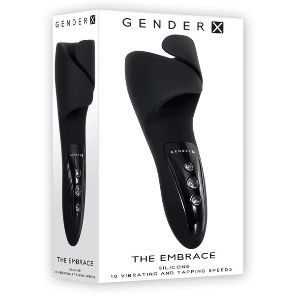 Gender X The Embrace black silicone male masturbator shown beside its retail box packaging