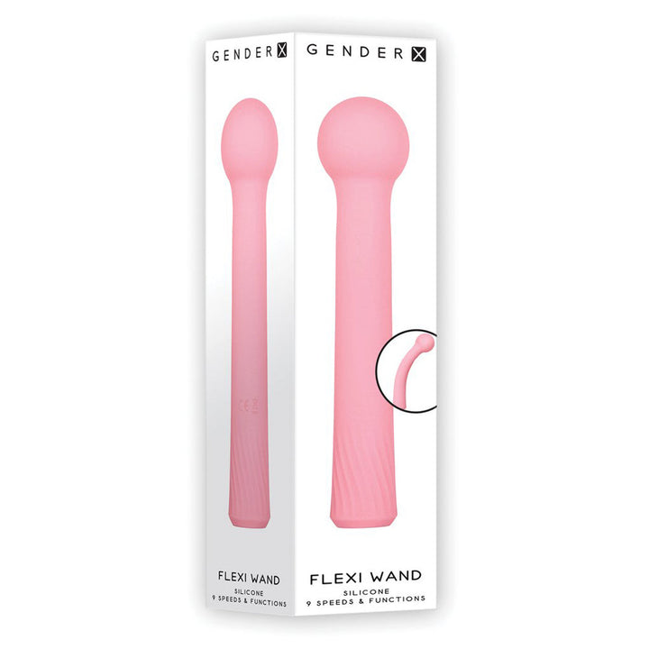 Gender-X Flexi Wand vibrator in pink, shown in dual-panel retail packaging with front and side views