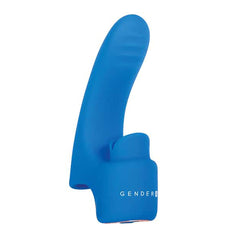 Gender X Flick It blue finger-worn vibrator showing ergonomic base fit for hands-free use