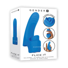 Gender X Flick It blue silicone vibrator in retail box showing flicking tongue tip detail