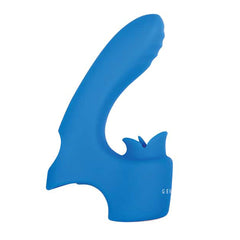 Gender X Flick It blue silicone vibrator side profile showing curved shaft and base