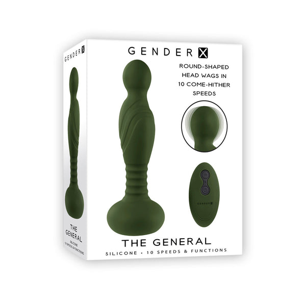 Gender X The General retail packaging showing toy, remote, and 10 come-hither speeds callout