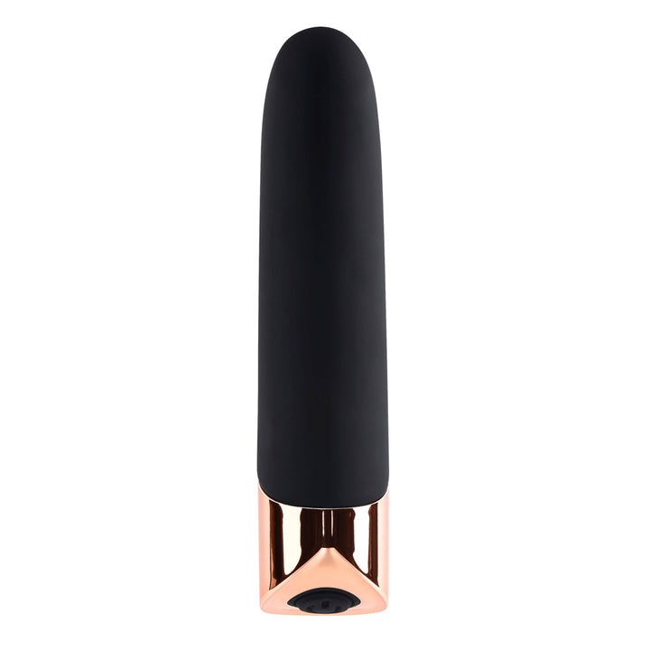 Gender X The Gold Standard black silicone bullet vibrator with rose gold base, front view