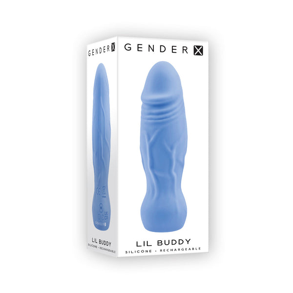 Gender X Lil Buddy packaging displaying rechargeable silicone vibrator in periwinkle blue