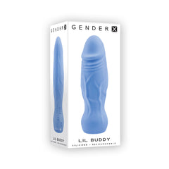 Gender X Lil Buddy packaging displaying rechargeable silicone vibrator in periwinkle blue