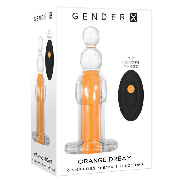Gender X Orange Dream vibrating plug in packaging with black wireless remote and product details