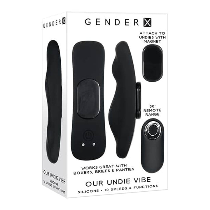 Gender X Our Undie Vibe black silicone wearable vibrator with magnetic clip and remote in box