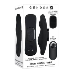 Gender X Our Undie Vibe black silicone wearable vibrator with magnetic clip and remote in box