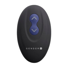 Gender X oval black remote control with blue up and down function buttons