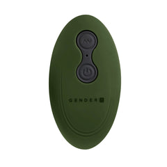 Gender X oval wireless remote control with power and pattern buttons in olive green