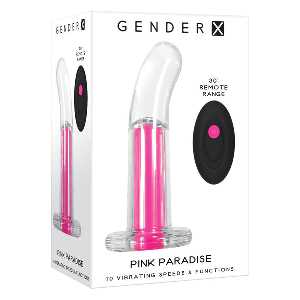 Gender-X Pink Paradise vibrating plug in clear packaging with black wireless remote control shown