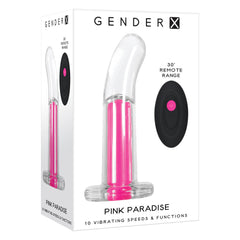 Gender-X Pink Paradise vibrating plug in clear packaging with black wireless remote control shown