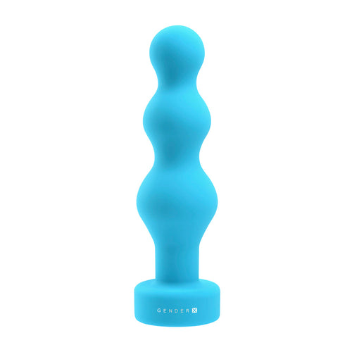 Gender X Plugged Up blue silicone anal plug with graduated beaded shaft and suction base