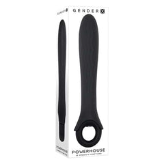 Gender-X Powerhouse vibrator in matte black silicone beside its branded retail box