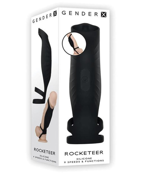 Gender X Rocketeer silicone cock sheath in black, box showing 9 speeds