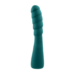 Gender X Scorpion teal silicone vibrator, side view showing spiral ridged shaft