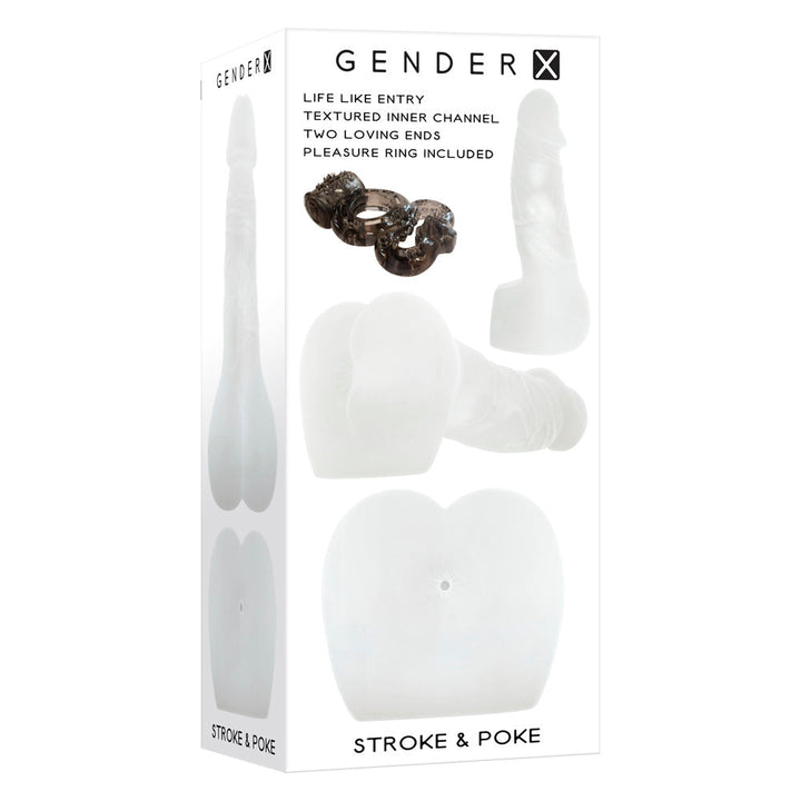 Gender X Stroke & Poke kit box showing dual-end stroker, pleasure ring, and milky white silicone pieces