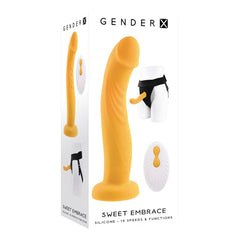 Gender X Sweet Embrace packaging showing dildo, harness, and wireless remote controller