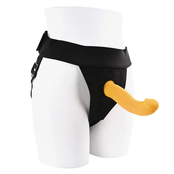 Gender X Sweet Embrace RC Strap-On harness with yellow silicone dildo, front angle view