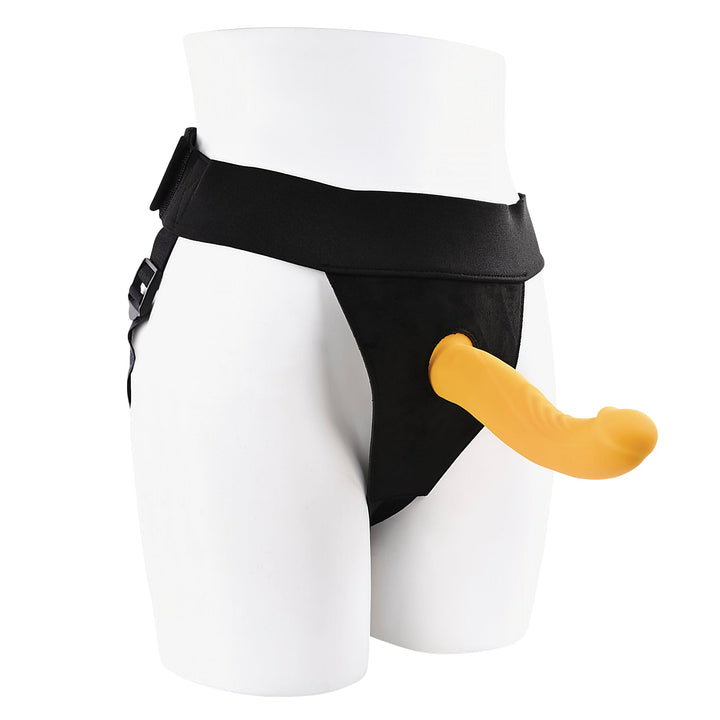 Gender X Sweet Embrace RC Strap-On harness with yellow silicone dildo, front angle view