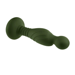 The General anal plug laid horizontally showing suction base and tapered shape in green