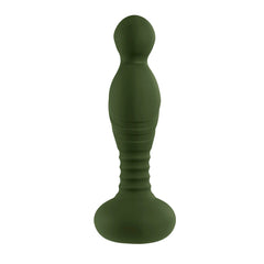 The General green silicone plug displaying ribbed neck and rounded bulb head, close-up