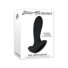 The Gentleman Rechargeable Prostate Massager retail box showing 10 speeds and functions detail