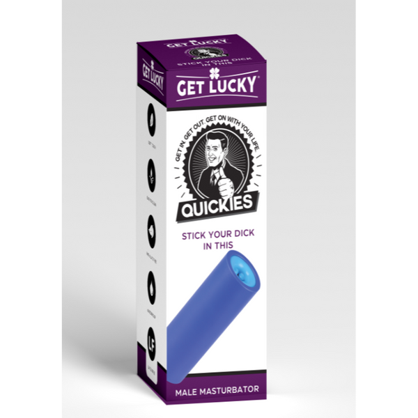 Get Lucky Quickies male masturbator in blue, shown in tall purple and white retail box