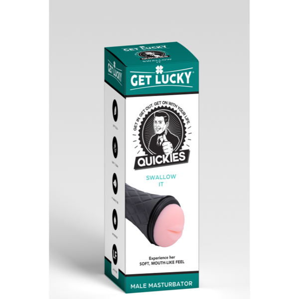 Get Lucky Quickies Swallow It male masturbator in black textured sleeve with pink opening, boxed