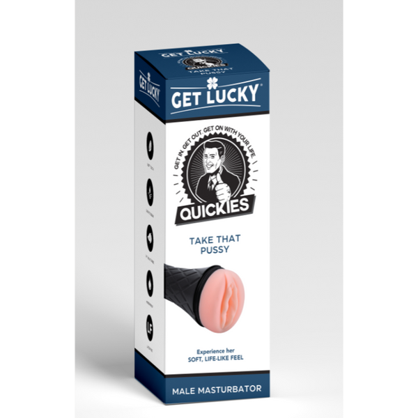 Get Lucky Quickies Take That Pussy male masturbator in navy retail box with soft skin-tone sleeve
