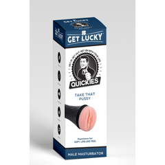 Get Lucky Quickies Take That Pussy male masturbator in navy retail box with soft skin-tone sleeve