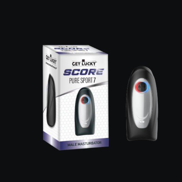 Get Lucky SCORE Pure Sport 7 male masturbator beside its white and purple retail box