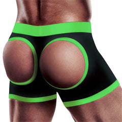 Get Lucky Strap-On Boxer Shorts rear view showing open-back cutouts with neon green trim on black fabric