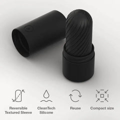 Ghost reversible sleeve beside storage cap with icons for reuse, compact size, and CleanTech silicone