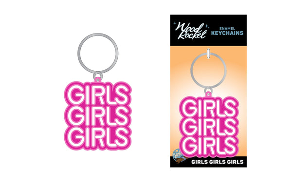 Girls Girls Girls keychain shown beside its orange Wood Rocket retail packaging