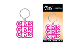 Girls Girls Girls keychain shown beside its orange Wood Rocket retail packaging