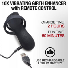 Girth enhancer connected to USB charging cable, showing 2-hour charge time and 50-minute run time specs