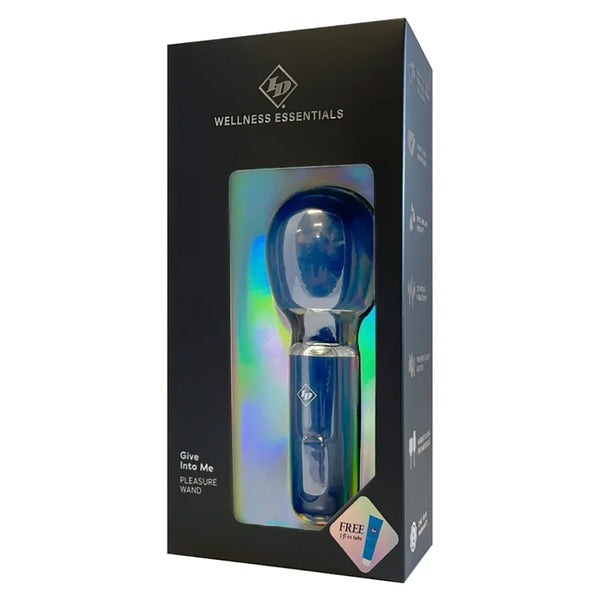 Give Into Me Pleasure Wand by ID Wellness Essentials displayed in holographic black retail packaging