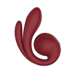 Gizi Pro bordeaux silicone triple stimulator showing snail-inspired curved shape, side view