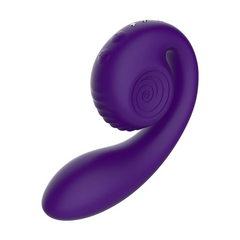 Gizi vibrator upright angle highlighting snail-coil clitoral head and smooth insertable arm