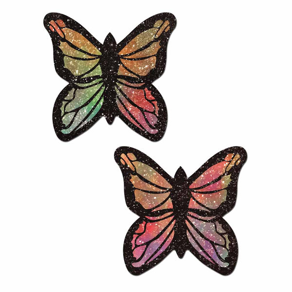 Glitter rainbow monarch butterfly pasties pair with black shimmer border and multicolor wing detail