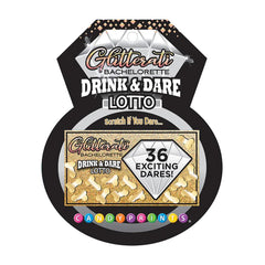 Close-up of Glitterati Bachelorette Drink & Dare Lotto ring-shaped header card with 36 dares callout
