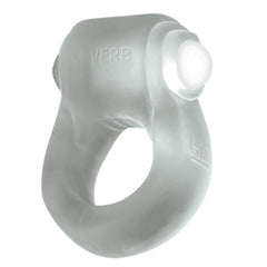 Glowdick cock ring angled view with illuminated LED button glowing through frosted silicone body