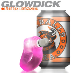 Glowdick LED cock ring shown beside a standard beverage can to illustrate compact size scale