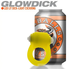 Glowdick LED cock ring shown beside a standard beverage can for size reference