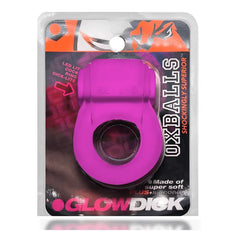 Glowdick LED-lit cock ring in hot pink shown in retail blister packaging by Oxballs
