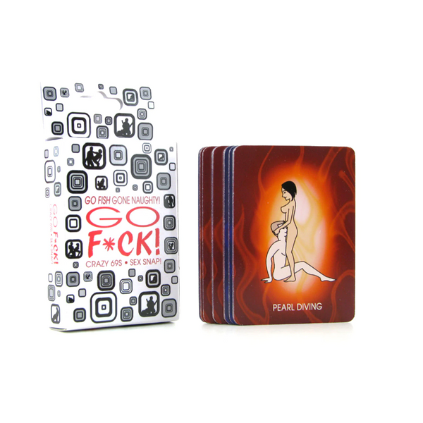 Go F*ck! card game box beside a deck with a illustrated couples position card facing forward